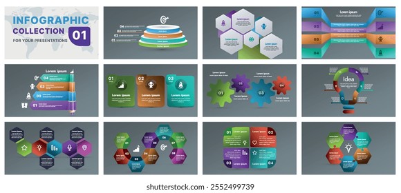 A modern infographic template featuring a collection of geometric shapes, flow diagrams, and progress charts. Ideal for business presentations, marketing strategies, and data analysis, flat design
