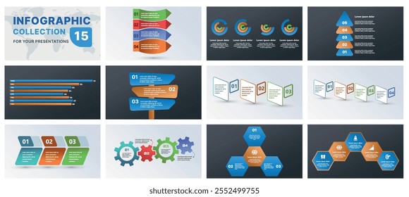 Una Plantilla infográfica moderna con una colección de Formas geométricas, diagramas de flujo y diagramas de progreso. Ideal para presentaciones de negocios, estrategias de marketing y análisis de datos, diseño plano