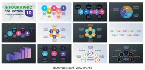 Una Plantilla infográfica moderna con una colección de Formas geométricas, diagramas de flujo y diagramas de progreso. Ideal para presentaciones de negocios, estrategias de marketing y análisis de datos, diseño plano