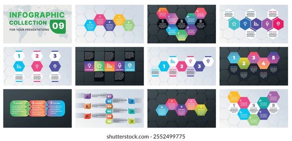 A modern infographic template featuring a collection of geometric shapes, flow diagrams, and progress charts. Ideal for business presentations, marketing strategies, and data analysis, flat design