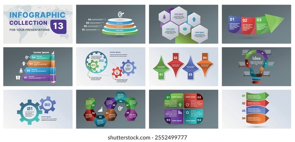 A modern infographic template featuring a collection of geometric shapes, flow diagrams, and progress charts. Ideal for business presentations, marketing strategies, and data analysis, flat design