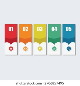 Eine moderne Infografik-Vorlage mit fünf verschiedenen, farbenfrohen vertikalen Schritten mit Zahlen und Symbolen. Ideal für Geschäftspräsentationen, Prozessvisualisierung und Lehrinhalte. Perfekt für Kranke