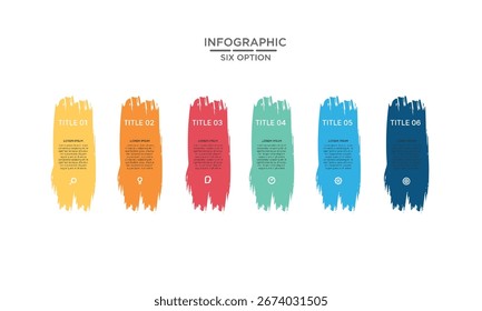 Plantilla infográfica moderna con seis Elementos de diseño coloridos de pinceladas con iconos. Ideal para presentaciones de negocios, visualización de datos y flujo de procesos.