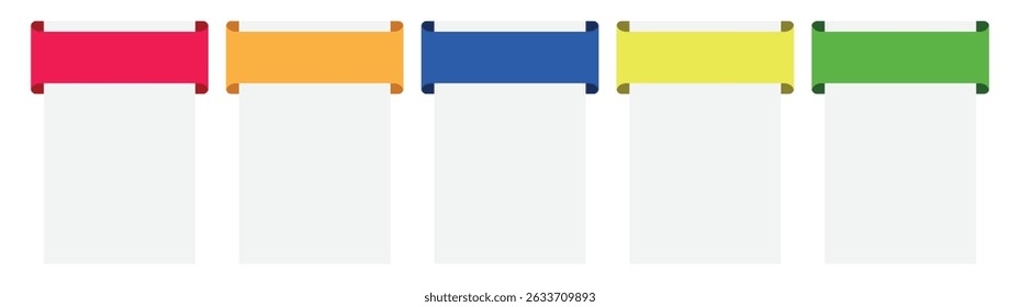 Modern infographic template with five colorful ribbon-style headers. Ideal for step-by-step guides, workflow presentations, product features, or data visualization.