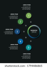 Modern infographic template with five round realistic elements on a black background. Vertical business progress visualisation with options and descriptions. Vector illustration eps10