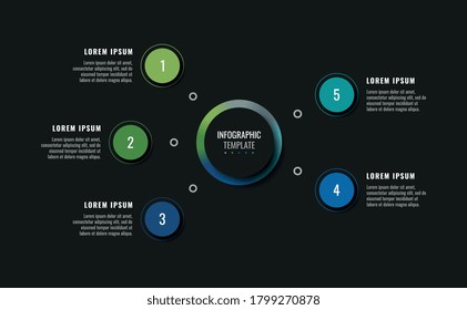 Modern infographic template with five round realistic elements on a black background. Creative business progress visualisation with options and descriptions. Vector illustration eps10