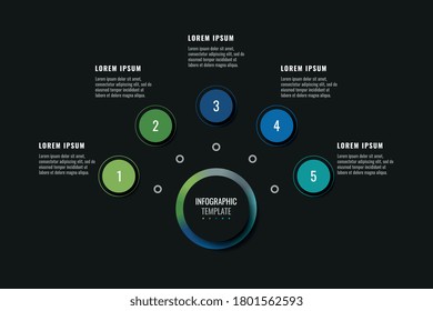 Modern infographic template with five round realistic elements on a black background. Horizontal business progress visualisation with options and descriptions. Vector illustration eps10