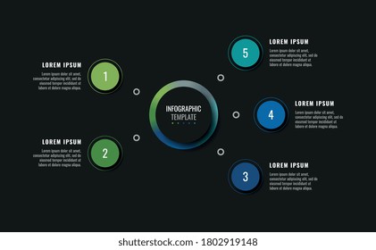 Modern infographic template with five round realistic elements on a black background. Creative business progress visualisation with options and descriptions. Vector illustration eps10