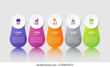 Modelo infográfico moderno com processos de cinco etapas. Layout de vetor para visualização de dados.