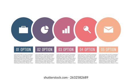 Plantilla infográfica moderna con cinco pasos u opciones. Infografía de negocios y marketing con iconos
