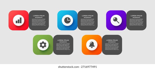 Plantilla infográfica moderna con cinco pasos o procesos para diapositivas de presentación.