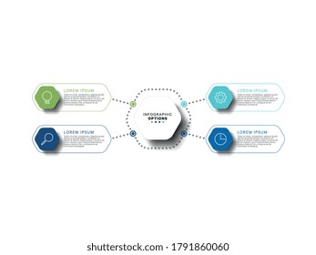 Plantilla infográfica moderna con cuatro elementos hexagonales relistas en colores planos sobre un fondo blanco. Concepto de datos de visualización de la información de procesos empresariales con pasos. Vector eps10