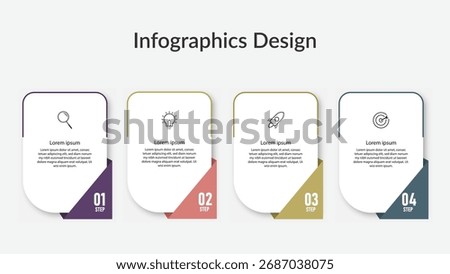 Modern infographic template with four numbered steps, featuring simple icons for research, innovation, growth, and goal achievement. Suitable for business strategy, workflow charts, and presentation