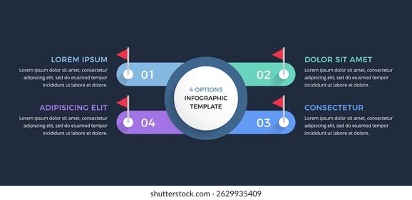 Modern infographic template with four options with red flag markers for presentations or workflows, dark background, vector eps10 illustration