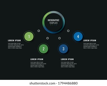Plantilla infográfica moderna con cuatro elementos realistas redondos sobre un fondo negro. Visualización horizontal del progreso del negocio con opciones y descripciones. Ilustración vectorial eps10