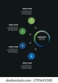 Modern infographic template with four round realistic elements on a black background. Vertical business progress visualisation with options and descriptions. Vector illustration eps10