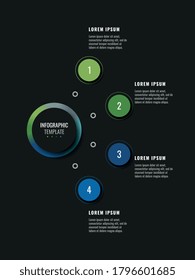 Modern infographic template with four round realistic elements on a black background. Vertical business progress visualisation with options and descriptions. Vector illustration eps10