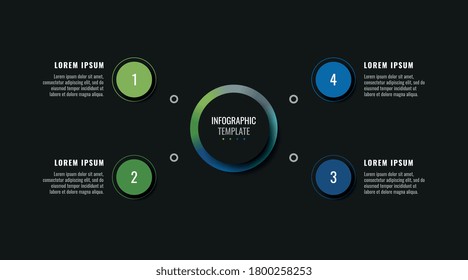 Modern infographic template with four round realistic elements on a black background. Creative business progress visualisation with options and descriptions. Vector illustration eps10