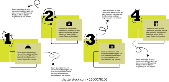 Modern infographic template with a four-step process design. The layout features numbered sections with abstract arrows, icons, and text boxes, making ideal for business presentations, project plan.