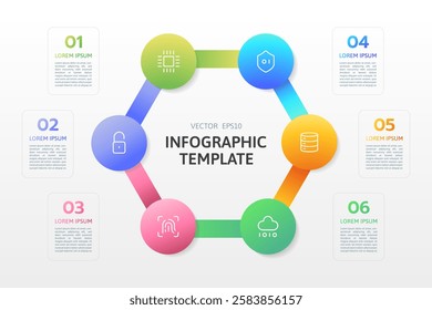 Modern Infographic Template with a Hexagon Structure showcasing a Cloud Computing Concept. Vibrant Business Chart for Marketing, Strategy, Workflow, Tech Presentations. Ideal for Startup and Finance