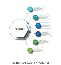 Modern infographic template with hexagonal relistic elements in flat colors on a white background. Business process information visualisation data with several steps. Vector eps10 concept