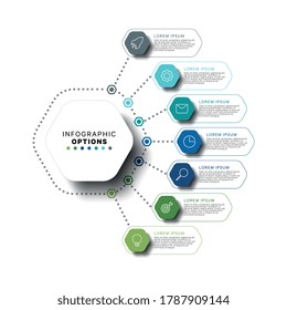 Modern infographic template with hexagonal relistic elements in flat colors on a white background. Business process information visualisation data with several steps. Vector eps10 concept