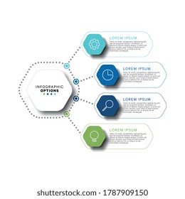 Modern infographic template with hexagonal relistic elements in flat colors on a white background. Business process information visualisation data with several steps. Vector eps10 concept