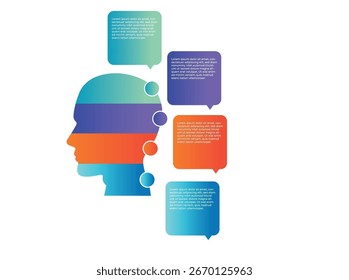 Plantilla infográfica moderna con Formas de cabeza humana, burbujas de discurso y Elementos de tecnología digital. Diseño de Vector degradado en colores azul, verde, púrpura y naranja. Perfecto para negocios dddd
