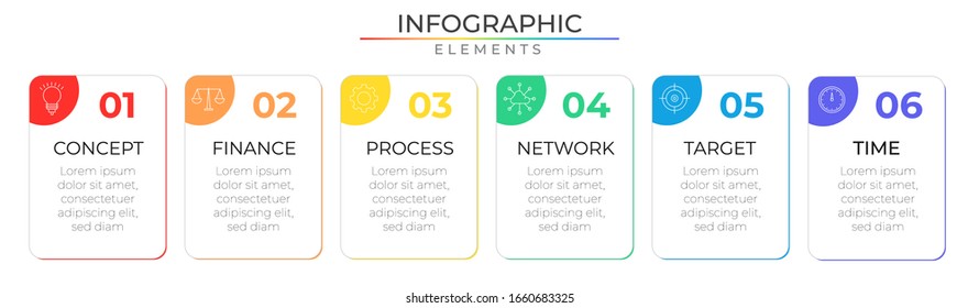 Modern Infographic template with icons and six steps realistic rectangle. Vector for company or corporate business project and presentation.