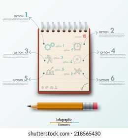 Modern infographic template with notepad and pencil on white background.  Vector. Can be used for web design and  workflow layout