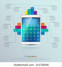 Modern infographic template, Realistic tablet with background icons, place for your content