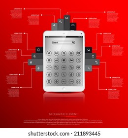 Modern infographic template, Realistic tablet with red background icons, place for your content