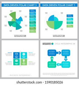 Modern infographic template set for workflow report, statistics report, slides, web design. Business and development concept with radial bar and cycle charts, flow diagram