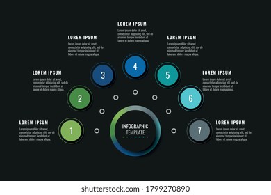 Modern infographic template with seven round realistic elements on a black background. Horizontal business progress visualisation with options and descriptions. Vector illustration eps10