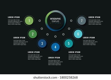 Modern infographic template with seven round realistic elements on a black background. Horizontal business progress visualisation with options and descriptions. Vector illustration eps10