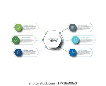 Modern infographic template with six hexagonal relistic elements in flat colors on a white background. Business process information visualisation data concept with steps. Vector eps10