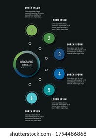 Modern infographic template with six round realistic elements on a black background. Vertical business progress visualisation with options and descriptions. Vector illustration eps10