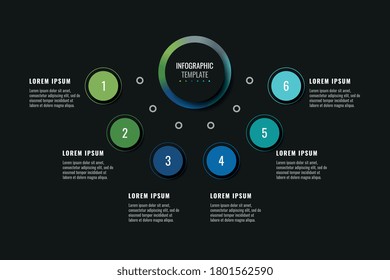 Modern infographic template with six round realistic elements on a black background. Horizontal business progress visualisation with options and descriptions. Vector illustration eps10