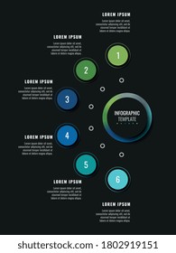 Modern infographic template with six round realistic elements on a black background. Vertical business progress visualisation with options and descriptions. Vector illustration eps10