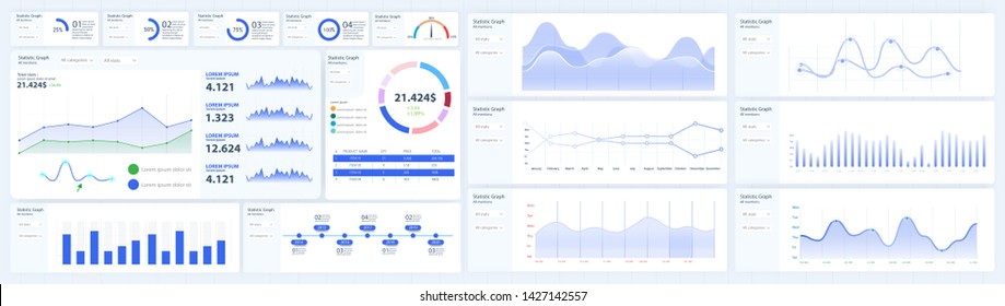 Modern infographic template with statistics finance charts. Infographics dashboard. Admin panel interface with color charts, graphs, calendar and charts on a white background. Vector illustration