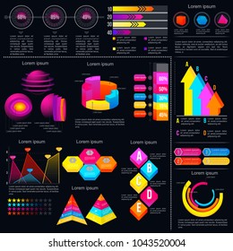 Modern infographic template with statistics graphs and finance charts in vetor. Colorful infographic elements on black background.