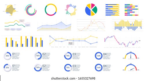 Modern infographic  template with stock diagrams and statistics bars, line graphs and charts for finance report. Diagram template and chart graph, graphic information visualization vector illustration