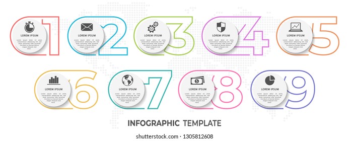Modern infographic template thin line style, with numbers and circle 9 options.