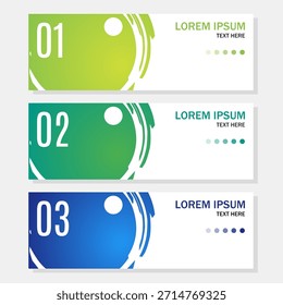 Modelo infográfico moderno com três etapas horizontais em gradientes verdes, azuis e negras, apresentando seções numeradas, tipografia limpa e elementos de interface do usuário minimalista para apresentações ou painéis.