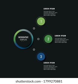 Modern infographic template with three round realistic elements on a black background. Vertical business progress visualisation with options and descriptions. Vector illustration eps10