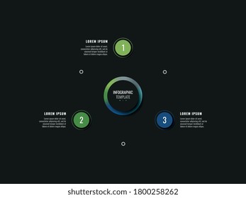 Modern infographic template with three round realistic elements on a black background. Circular business progress visualisation with options and descriptions. Vector illustration eps10