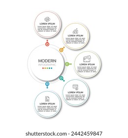 Plantilla de infografía moderna con tres pasos, opción, círculo e iconos de marketing. Puede ser utilizado para diagrama de flujo de trabajo, informe anual, presentación o diseño web. Ilustración vectorial.