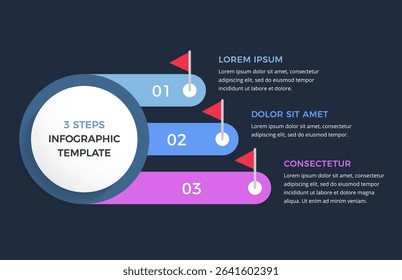 Modern infographic template with three steps with red flag markers for presentations or workflows, dark background, vector eps10 illustration