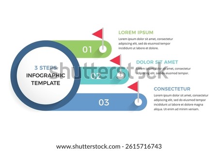 Modern infographic template with three steps with red flag markers for presentations or workflows, vector eps10 illustration