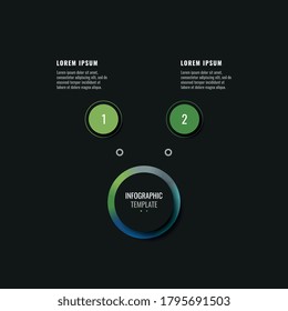Modern infographic template with two round realistic elements on a black background. Horizontal business progress visualisation with options and descriptions. Vector illustration eps10